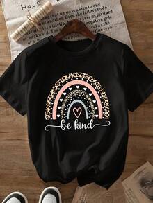Camiseta de manga corta con cuello redondo para mujer, talla grande, a la moda, para primavera/verano, con estampado de leopardo y arcoíris, suéter casual para mujer. - Negro - Ver 3