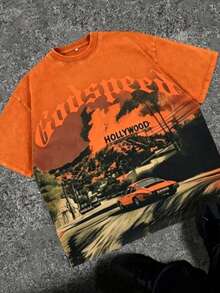 Break The SystemMen's Washed Vintage Crewneck T-Shirt, 100% Cotton 180GSM, Godspeed Highway Car Print, Retro Faded Style, American Streetwear, - 珊瑚橙 - 查看 1