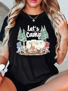 Men's T-Shirt Short Sleeve T-Shirt With Round Neck For Women, Ideal For Spring And Summer, With A Print Of Camping Vehicles, Campfires And Pine Trees That Says 'Let's Camp'. - 黑色 - 查看 6