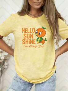 1 camiseta deportiva casual, Hello Sunshine, Orange Bird, con estampado retro de dibujos animados para mujer, manga corta, para primavera/verano, casual/vacaciones, para actividades al aire libre, almacén local, casual y elegante, 180g, 100% algodón. - Blanco - Ver 6