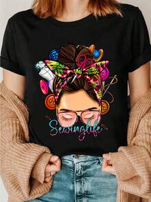 1 camiseta con temática de costura, regalo de patchwork, camiseta con temática de mamá, camiseta de sastre a la moda con pañuelo para la cabeza, camiseta para entusiastas de la costura, ropa de mujer económica y bonita, ropa de mujer con hermosas curvas, atuendo para fiesta de disfraces, atuendo de cosplay, atuendo de club para mujer, 100% algodón de 180g. - Negro - Ver 12