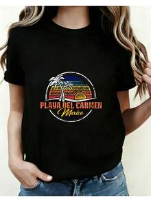 Women's Retro Style Short Sleeve T-Shirt, Playa Del Carmen, Mexico, Tropical Sunset, Palm Tree, Beach Vacation Gift For Travel Enthusiasts, 01 Women's Four Seasons Printed Round Neck Top. - 黑色 - 查看 1