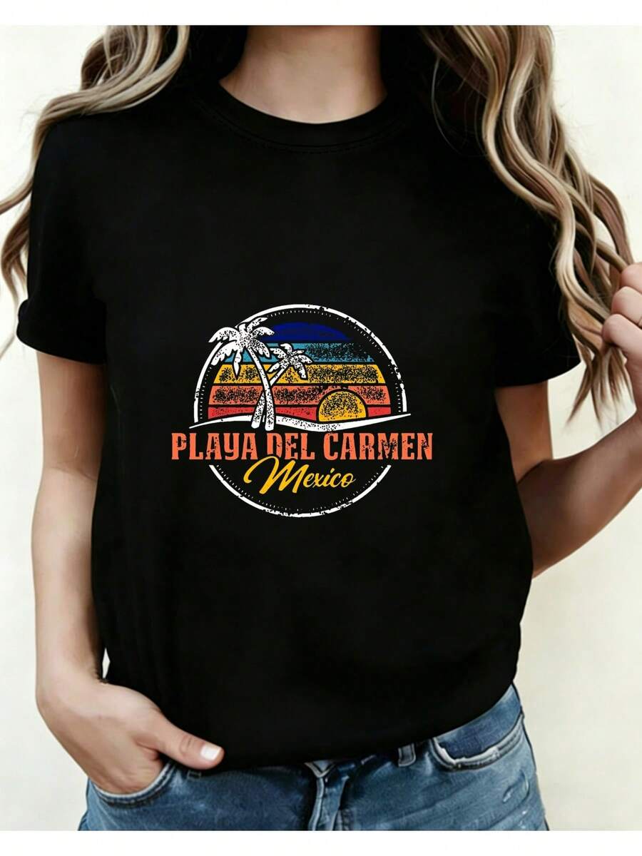 Women's Retro Style Short Sleeve T-Shirt, Playa Del Carmen, Mexico, Tropical Sunset, Palm Tree, Beach Vacation Gift For Travel Enthusiasts, 01 Women's Four Seasons Printed Round Neck Top. - 黑色 - 查看 1
