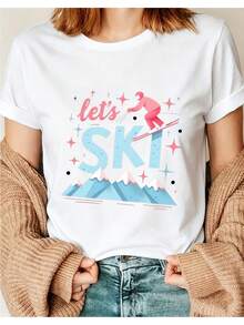 Women's Short-Sleeve Ski Top With Dark Color Accents, Soft And Breathable Fabric, Comfortable Fit, Casual Top Perfect For Skiing, Snowboarding, Winter Adventures, And Snow Enthusiasts. I01 Crew Neck Short-Sleeve Top, Suitable For All Seasons, Casual And Versatile. - 白色 - 查看 1