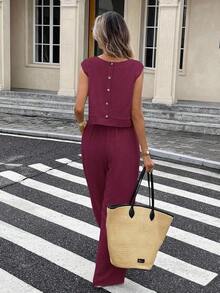 Conjunto de 2 piezas de chaleco y pantalones a cuadros casuales de vacaciones para mujer - Burdeos - Ver 6