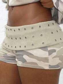 Womens Summer Fold Over Shorts Casual Slim Fit Stylish Rivet Design Low Rise Shorts - color camuflaje - Ver 5