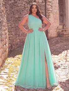 Faeriesty Elegant Off Shoulder Evening Gown - Long Draped Dress With High Slit And Polka Dot Pattern - Suitable For Weddings, Red Carpet Events, And Garden Parties - Mint Green - View 3
