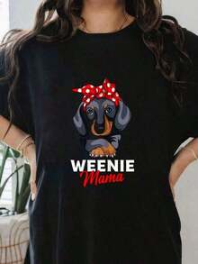 1 Piece Funny Dachshund Puppy Print T-Shirt For Dog Lovers, Short Sleeve, Round Neck, Casual Top For Summer And Spring, Women's Clothing, 180g 100% Cotton. - 黑色 - 查看 1
