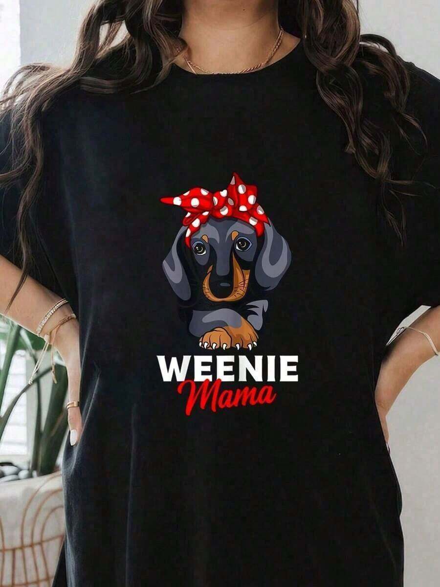 1 Piece Funny Dachshund Puppy Print T-Shirt For Dog Lovers, Short Sleeve, Round Neck, Casual Top For Summer And Spring, Women's Clothing, 180g 100% Cotton. - 黑色 - 查看 1