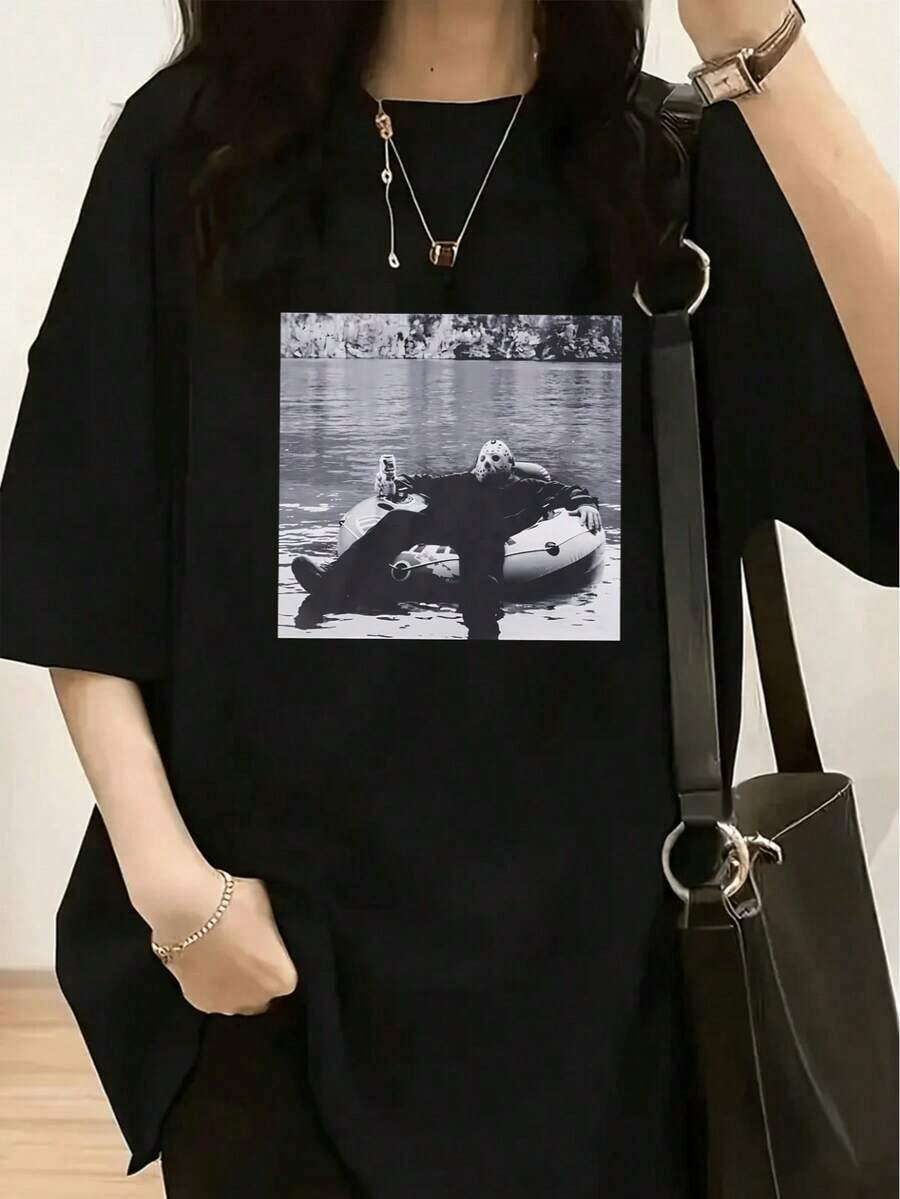 1 Piece Women's Black Pulp Graphic T-Shirt - Soft Cotton, Loose Fit, Vintage 90s Style, Britpop Inspired, Casual For Everyday Wear, 180g, 100% Cotton - 黑色 16 - 查看 1
