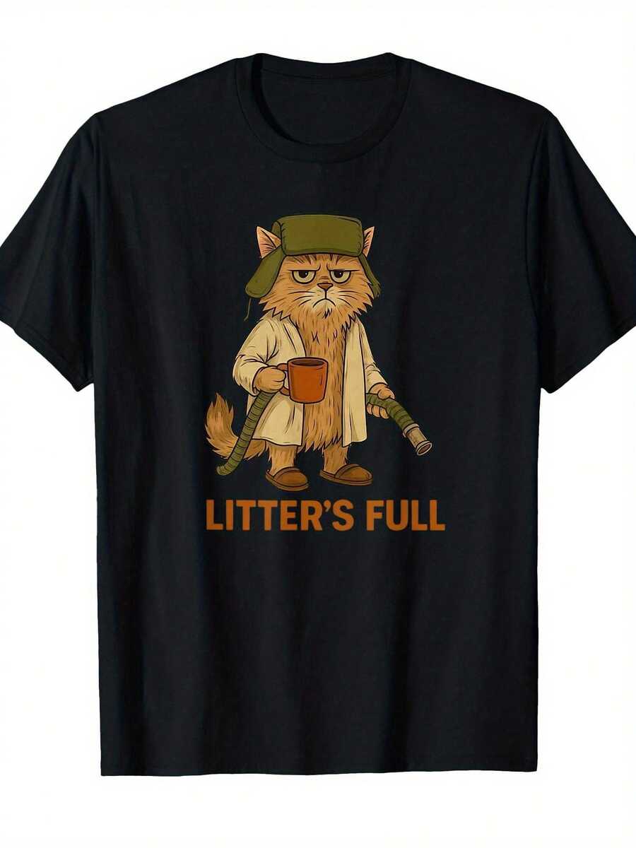 Essential Casual T-Shirt "Cat Overload" With Humorous Design For Men And Women - Funny Design With The Joke "Cat Overload", Casual Short Sleeve And Round Neck T-Shirt, Cat-Themed Top For Feline Lovers, Suitable For Daily Wear, For All Seasons, Made Of Soft Cotton For Everyday Use. - 黑色 - 查看 1