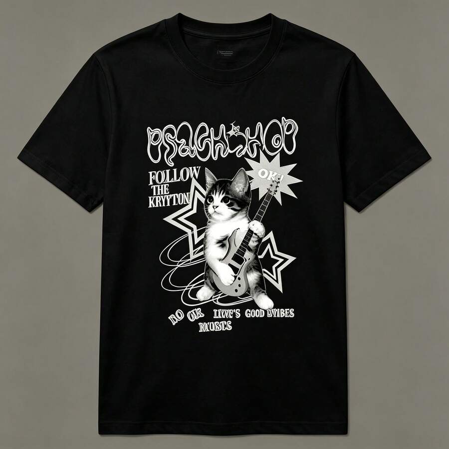 Limited Time Offer, Limited Quantities, Flash ! Women's Casual Shirts, Women's Polyester T-Shirts, Elegant Shirts. Women's Summer Casual T-Shirt With A Cat Slogan. - 黑色 - 查看 1