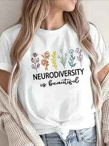 Lightweight And Comfortable T-Shirt With A Beautiful Neurodiversity Design And Vibrant Floral Print, Ideal For Everyday Wear At Home, Work, Or Casual Outings, Available In Various Options - 白色 - 查看 1