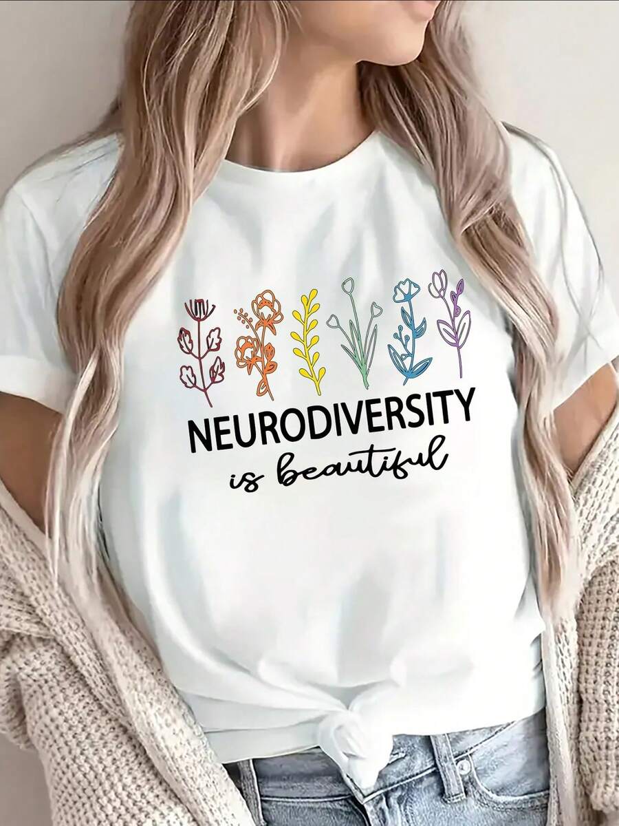 Lightweight And Comfortable T-Shirt With A Beautiful Neurodiversity Design And Vibrant Floral Print, Ideal For Everyday Wear At Home, Work, Or Casual Outings, Available In Various Options - 白色 - 查看 1