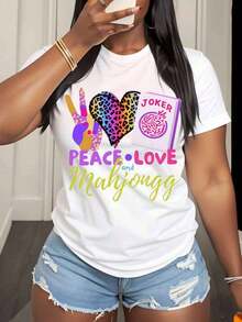 Women's Cotton T-Shirts Peace Love And Mahjongg With Joker Tile Design For Mahjong Enthusiasts, Casual Wear For Women And Girls, Perfect For Game Nights And Leisure Activities, Basic Women's Blouses. - 白色 - 查看 2