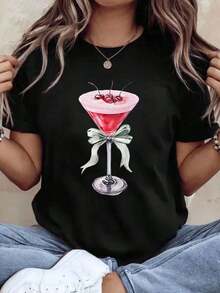 Camiseta de cóctel Cherry Martini con diseño de lazo, talla grande para mujer, ropa casual para fiestas y celebraciones navideñas, 220g - Estilo vintage urbano, camiseta unisex de algodón suelto de manga corta y cuello redondo, 100% algodón. - Negro - Ver 7