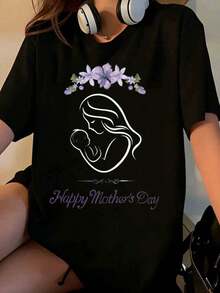Happy Mothers Day T Shirt With Mother And Baby Design Floral Print For Women Gift For Mom [Suitable For Casual And Sports Activities] - 黑色 - 查看 1