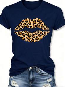 Women's Short Sleeve T-Shirt, New And Fashionable 2026 - Leopard Lips Print T-Shirt, Casual Crew Neck, Soft And Stretchy Fabric, Machine Washable, Fashionable Summer Top, Clothing, Custom T-Shirt, Comfortable And Fitted, Gift For Easter And Mother's Day, Streetwear. DRGK - 深藍色-1 - 查看 1
