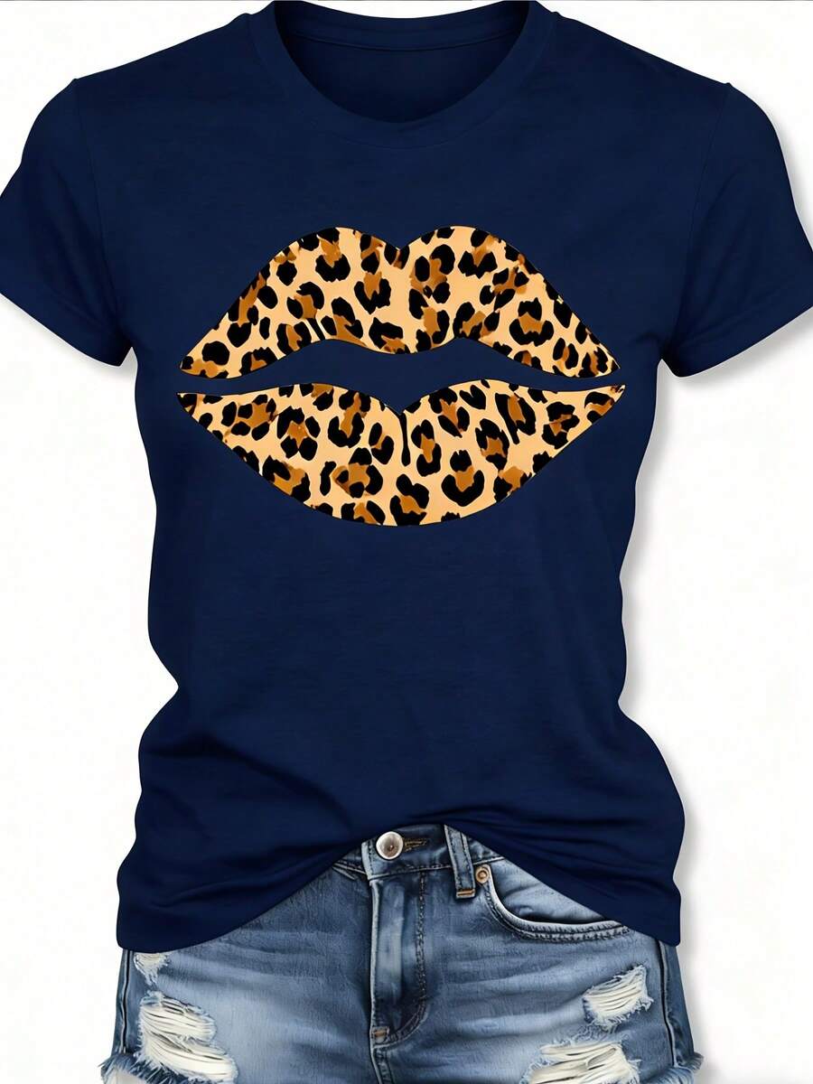 Women's Short Sleeve T-Shirt, New And Fashionable 2026 - Leopard Lips Print T-Shirt, Casual Crew Neck, Soft And Stretchy Fabric, Machine Washable, Fashionable Summer Top, Clothing, Custom T-Shirt, Comfortable And Fitted, Gift For Easter And Mother's Day, Streetwear. DRGK - 深藍色-1 - 查看 1