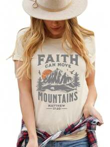 1Piece Fashion Casual For Men And Women Sun And Mountain Shirt For Women Camping Hiking Shirt Pine Tree Graphic Tee Nature Casual Short Sleeve Shirt Versatile, Easy To Match, Suitable For Daily Wear, Urban Style, Holiday Outfits, Weekend Outfits. - 杏色 - 查看 3
