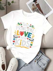 Mexican Women's Round Neck T-Shirt With 'This Principal Loves Her Kids' Print, Short Sleeve, Gift For Teachers, Casual Wear, Cotton T-Shirt Summer Fashion - 黑色 - 查看 8