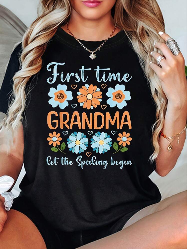 "Primera vez abuela, que comience el mimoso" Camiseta con estampado floral para abuelas novatas, para mujer, de manga corta y cuello redondo, para primavera y otoño, casual para el día a día, regalo para días festivos, blusas para mujer para eventos festivos. - Negro - Añade 6