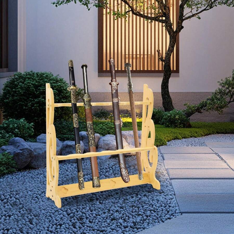 LYNICESHOP 6 Holes Vertical Sword Stand Display, Double-Sided Bamboo Sword Rack Floor Standing For Katana, Samurai, , Flute, Bows, Space-Saving Sword Holder (Wood Color, 6 Holes) Holiday Gift (US Stock) Faster Delivery - Wood Color - View 1