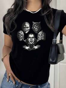 100% Cotton. Artistic Figure Showing Hands Crossed In An X Shape Symbolizing Strength And Unity With Contrasting Faces Representing Duality And Mystery. Women's 100% Cotton T-Shirt. Women's Simple Solid Color T-Shirt, Loose And Slim Fit Casual Short Sleeve - 黑色 - 查看 1