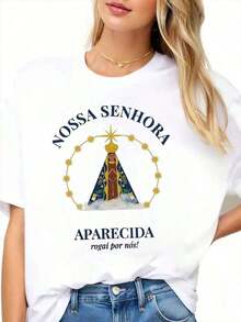 100% Cotton, 1 Piece, Our Lady Of Aparecida Prayer Religious T-Shirt For Women And Men, Catholic Devotion Gift, Wearable Artistic Design, 100% Cotton Women's Simple Solid Color T-Shirt, Loose And Slim Fit Casual Short Sleeve - 白色的 - 查看 2