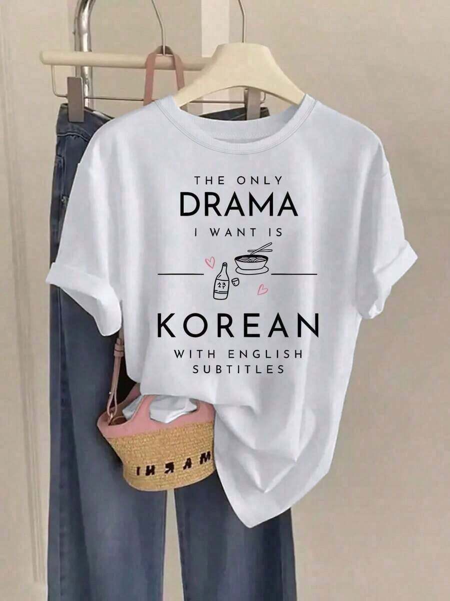 Women's K-Drama T-Shirt - Korean Text Print And K-Drama Quotes, Casual Short Sleeve Crew Neck T-Shirt With Korean Phrases (Korean Script/English Subtitles), Suitable For Spring, Summer And Autumn, Ideal For K-Drama Fans, Breathable And Comfortable Leisure - 白色 - 查看 1