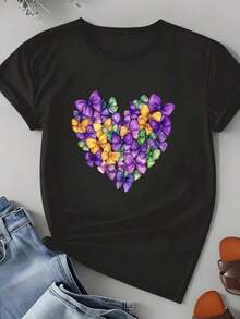 Women's T-Shirt, Floral Heart Print, Spring/Summer Fashion, New Arrivals, Women's Clothing, Gifts For Women - 黑色 - 查看 4