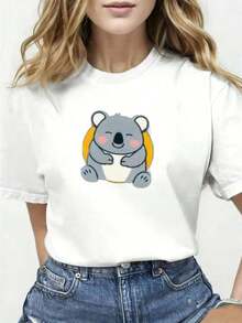Women's White Crew Neck T-Shirt, Comfortable And Premium Quality, With Cute Cartoon Koala Print | Casual Summer T-Shirt With Gray Fur And Pink Cheeks Print, Suitable For Daily Wear, Regular Fit, Short Sleeve, Personalized Gift Idea. - 白色 - 查看 7