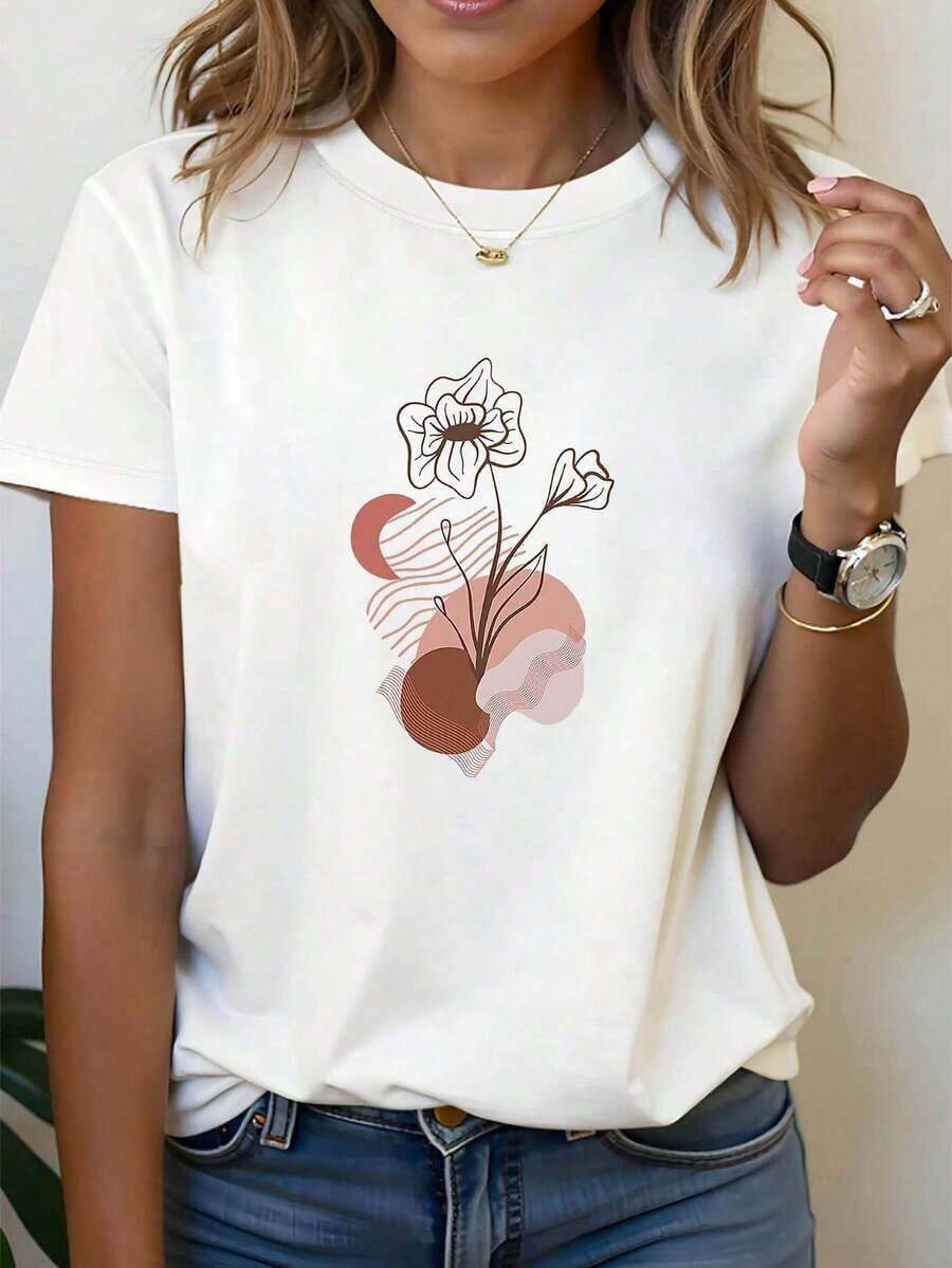 100% Cotton T-Shirt With Abstract Floral Line Art Graphic Print, Short Sleeves And Round Neck, Casual Top For Summer And Spring, Women's Clothing. Women's Simple Solid Color T-Shirt, Loose And Slim Fit Casual Short Sleeve - 白色的 - 查看 1