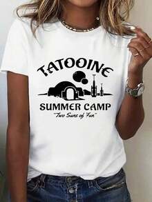 2026 New Cotton Shirt, 100% Cotton, 1 Pc. Women's Summer Short Sleeve Graphic Print T-Shirt, Round Neck, Casual, Breathable And Comfortable For All Seasons, Machine Washable, Perfect For Casual Wear Or Holiday Gift, Summer T-Shirts. Women's Simple Solid Color Shirt, Loose And Casual Short Sleeve - 白色的 - 查看 1