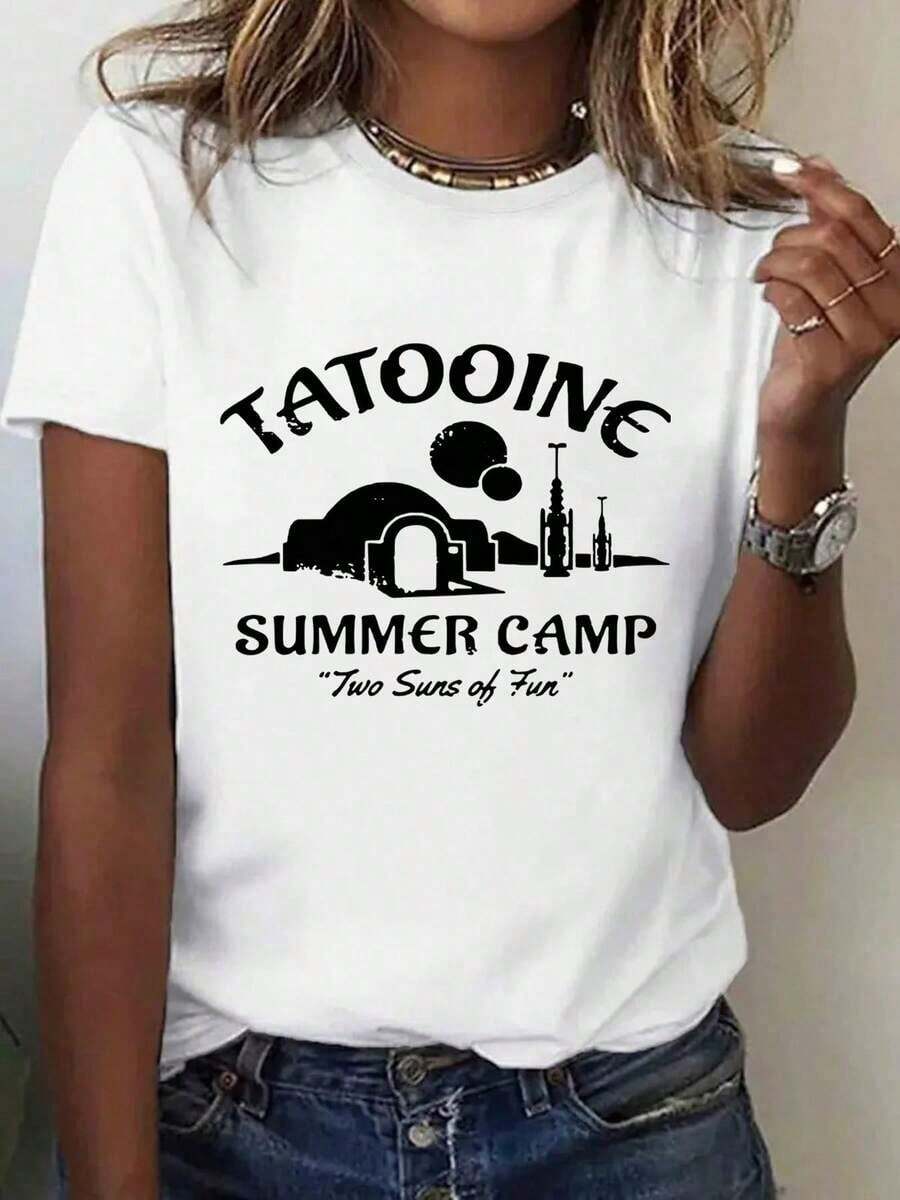 2026 New Cotton Shirt, 100% Cotton, 1 Pc. Women's Summer Short Sleeve Graphic Print T-Shirt, Round Neck, Casual, Breathable And Comfortable For All Seasons, Machine Washable, Perfect For Casual Wear Or Holiday Gift, Summer T-Shirts. Women's Simple Solid Color Shirt, Loose And Casual Short Sleeve - 白色的 - 查看 1