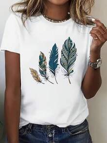 Plus Size, Women's Printed Short Sleeve T-Shirt - Compatible With Blouse, Suitable For Casual And Semi-Casual Wear, Round Neck Top, Machine Washable Opaque Blouse Style Shirt For Spring, Summer And Autumn Outfits. - 白色 - 查看 8