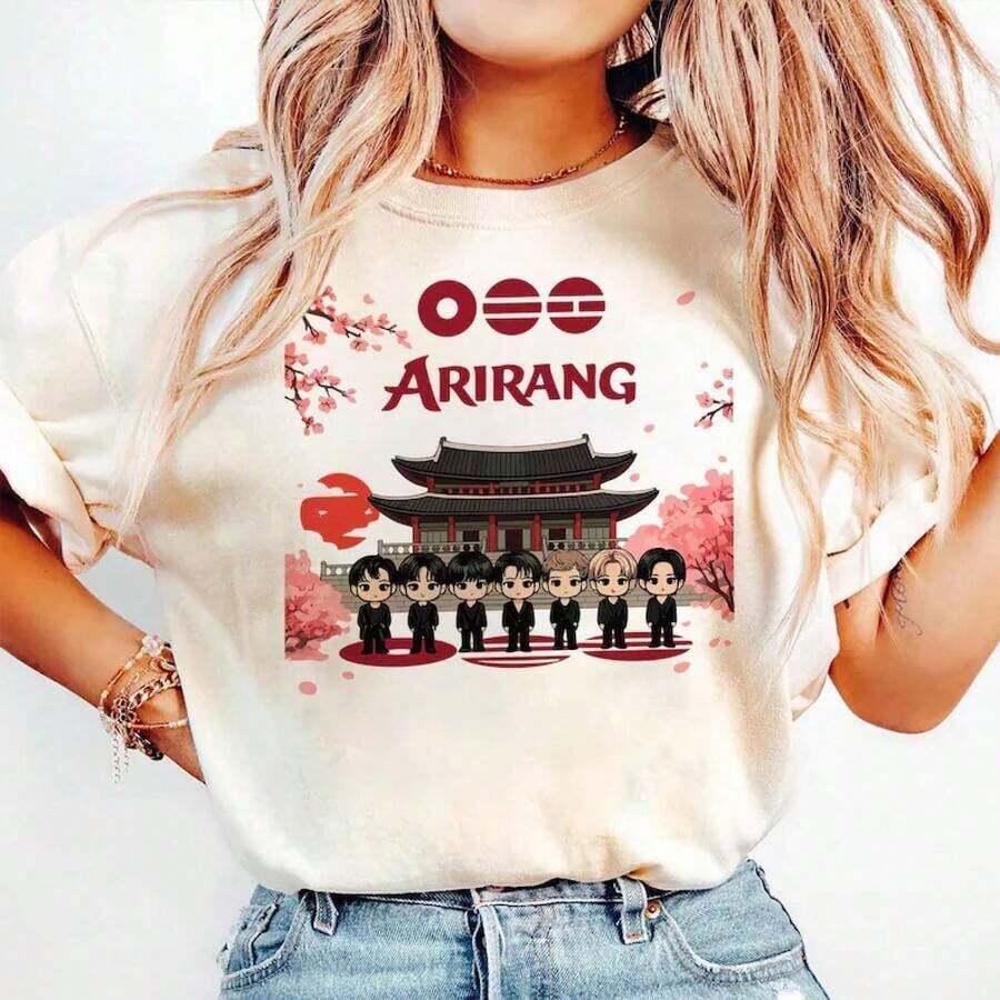 Bangtan Sonyeondan Arirang Tour Official T-Shirt, Bangtan World Tour 2026 Commemorative T-Shirt, K-Pop Group Arirang Cherry Blossom Graphic T-Shirt, Women's T-Shirts. - 白色 - 查看 1