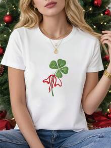 Women's T-Shirt With A Four-Leaf Clover Print Symbolizing Good Luck. White, Short-Sleeved, Crew Neck, Machine Washable, Suitable For Spring, Summer, And Autumn. Casual Style, Comfortable Fit, Modern Design, Versatile For Everyday Wear. 1QZQ - 白色 - 查看 6