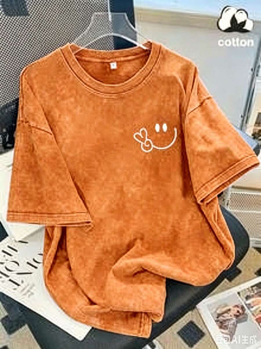 Vintage Washed Cotton Loose-Fit T-Shirt, Cute Face And Heart Print, Women's Casual Tree Style Short-Sleeve Top, Wrinkle-Resistant Washed Cotton T-Shirt Vintage Style--Everyday Outfit T-Shirt Women's Basic Tee - 橘色 - 查看 1