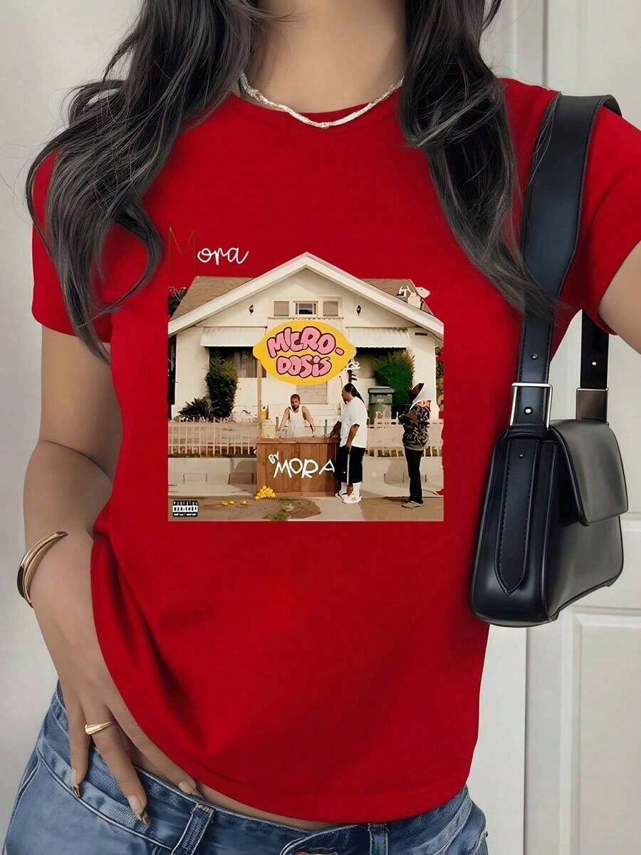 2026 New Cotton Shirt 100% Cotton Home Scene With People Sharing Joyful Moments In Front Of The Porch Showing Joy And Positive Energy Women's T-Shirt 100% Cotton Comfortable And Modern For Everyday Wear Women's Simple Solid Color Shirt, Loose And Casual Short Sleeve - 紅色的 - 查看 1