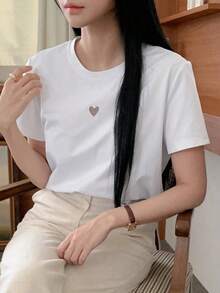 Camiseta casual de verano de mujer con cuello redondo y mangas cortas con detalle de corazón hueco - Blanco 2 - Ver 6