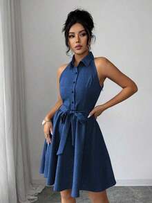 Vestido de cuello de camisa sin mangas con efecto de lino de dos tonos y efecto de mezclilla, silueta en línea A, diseño elegante y romántico, adecuado para uso al aire libre - Azul lavado oscuro - Ver 6