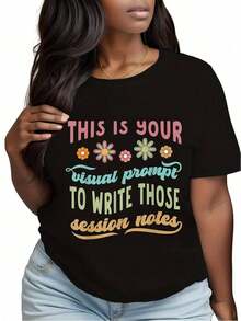 Plus Size, Women's Pure ABA Therapist T-Shirt - Beor Analyst Visual Prompts, New Style, Simple And Modern Style, Loose And Comfortable, Suitable For All Seasons, Retro Design T-Shirt, Suitable For Women, Elegant Short Sleeve Blouse In Standard Size For Women, Casual T-Shirts. - 黑色 - 查看 1