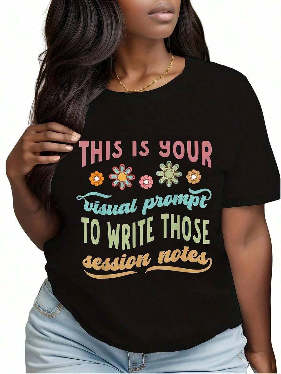Plus Size, Women's Pure ABA Therapist T-Shirt - Beor Analyst Visual Prompts, New Style, Simple And Modern Style, Loose And Comfortable, Suitable For All Seasons, Retro Design T-Shirt, Suitable For Women, Elegant Short Sleeve Blouse In Standard Size For Women, Casual T-Shirts. - 黑色 - 查看 1