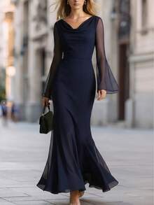 Women's Vintage Draped Neck Mesh Dress, Summer Fashion Flare Sleeve Draped Asymmetric Elegant Party Gown Spring - Navy Blue - View 3