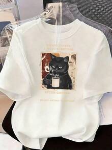 Black Cat T-Shirt With "Before Coffee / After Coffee" Text, Fashionable Short-Sleeve T-Shirt For Spring/Summer 2026, Made In Mexico, 180 Grams. Cartoon Print, Couple Design, Suitable For Indoor Or Outdoor Wear. Crew Neck, Unisex, Ideal For The Office And Leisure. One-Pack. - WH-P631577SLNDXZGY625 - 查看 2