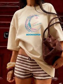 Pink And Blue Moon Print T-Shirt, Fashionable Short-Sleeved T-Shirt For Spring/Summer 2026, Made In Mexico, 180 Grams. Cartoon Print, Couple Design, Suitable For Indoor Or Outdoor Wear. Crew Neck, Unisex, Ideal For Office And Leisure. One-Pack. - APR-P631577SLNDXZGY580 - 查看 3