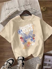 Blue Butterfly T-Shirt With "Positive World" Text, Fashionable Short-Sleeve T-Shirt For Spring/Summer 2026, Made In Mexico, 180 Grams. Cartoon Print, Couple Design, Suitable For Indoor Or Outdoor Wear. Crew Neck, Unisex, Ideal For The Office And Leisure. One-Pack. - APR-P631577SLNDXZGY627 - 查看 4