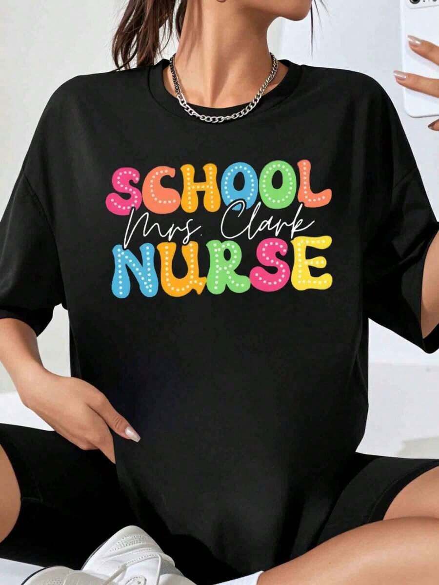 Personalized T-Shirt With Name For Women, Colorful Print, Cute, Plus Size, Gift For School Staff, Work Uniform - 黑色 - 查看 1