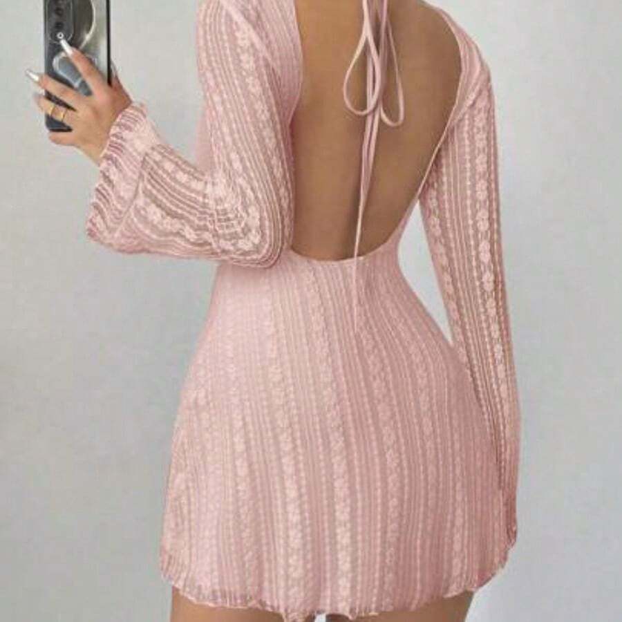 Vestido mini ajustado de encaje de estilo elegante, romántico y sexy para mujer, adecuado para fiestas, vacaciones, vuelta al colegio, citas románticas, bodas y cumpleaños - Manga larga - Rosa vieja - Ver 1